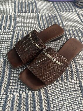 Brighton Unity Woven Italian Leather Slide Sandals - Dark Brown Silvertone Sz 8